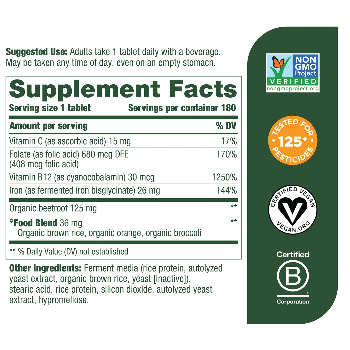 MegaFood Blood Builder - Iron Supplement for Energy Support with Vitamin B12 and Folic Acid - No Nausea or Constipation - 180 Tablets