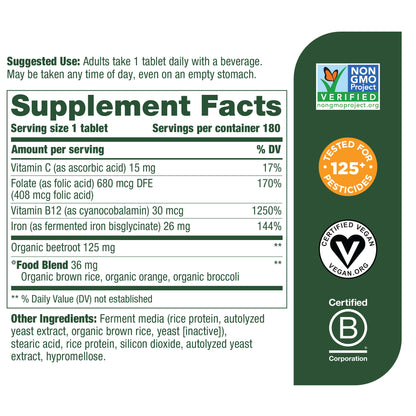 MegaFood Blood Builder - Iron Supplement for Energy Support with Vitamin B12 and Folic Acid - No Nausea or Constipation - 180 Tablets