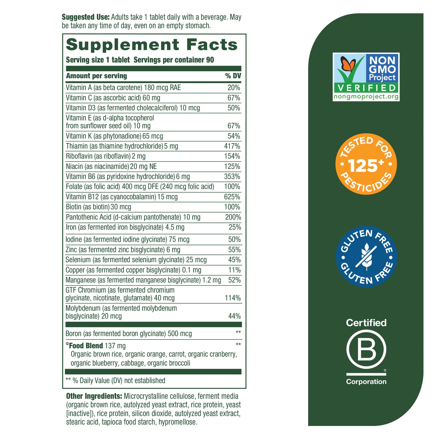 MegaFood One Daily - Supports Overall Health - Multivitamin with B Vitamins and Food Blend - Gluten-Free, Vegetarian, and Made without Dairy - 90 Tabs