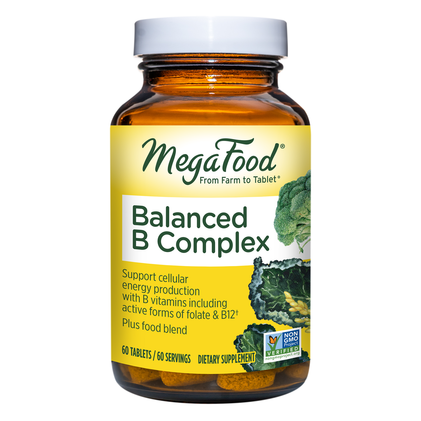 MegaFood Balanced B Complex - Supports Celllular Energy with Vitamins B1, B2, B3, B5, B6, B7, B9, B12 - Gluten Free and Made Without Dairy - Vegan - 60 Tabs