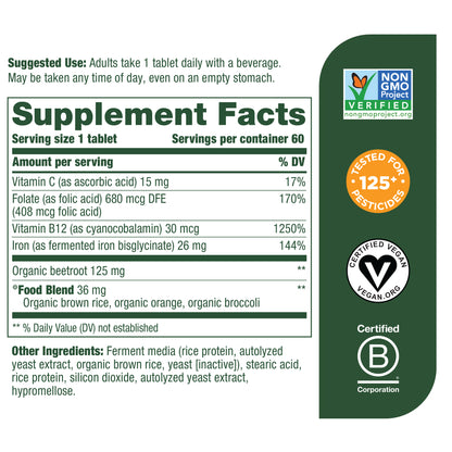 MegaFood Blood Builder - Iron Supplement for Energy Support with Vitamin B12 and Folic Acid - No Nausea or Constipation - 60 Tablets