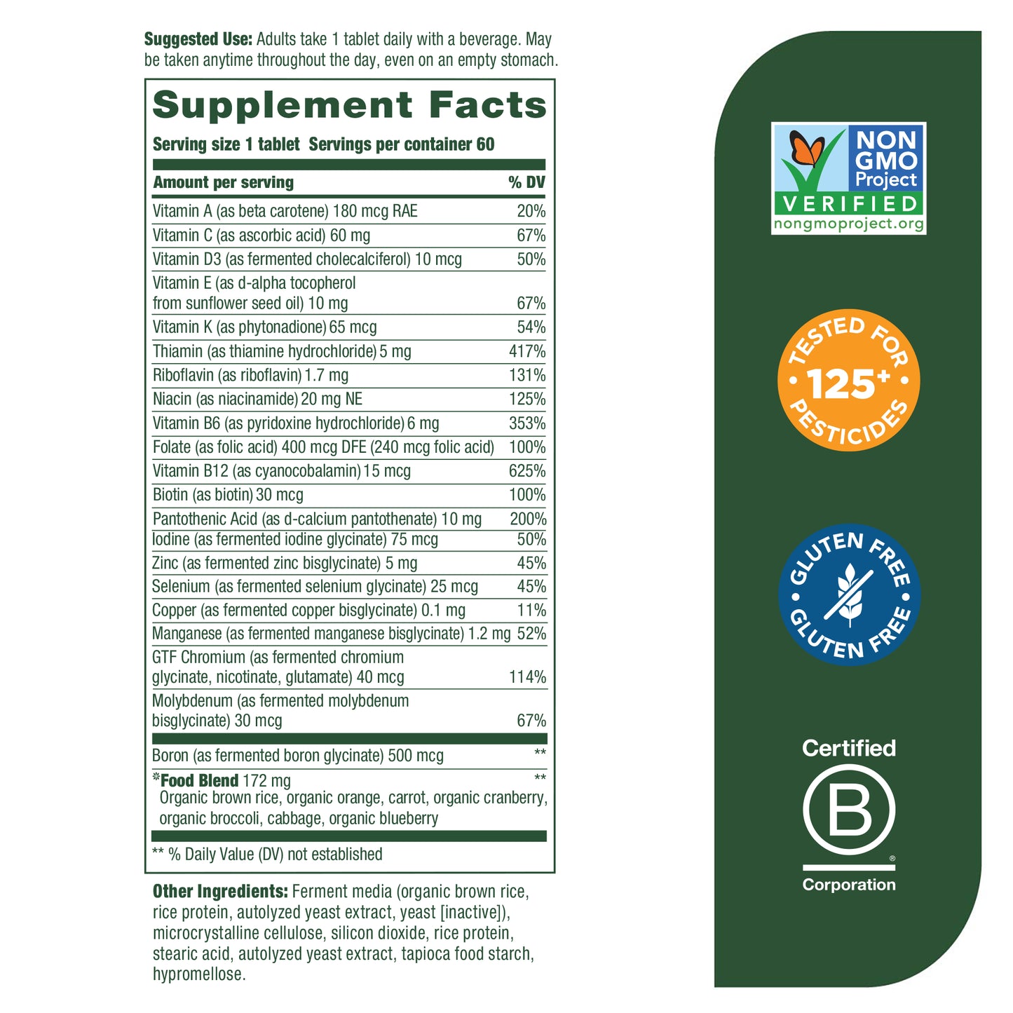 MegaFood One Daily Iron Free - Multivitamin for Men and Women with Vitamin C, Vitamin E, and B Vitamins - Gluten Free, Non-GMO, and Made Without Dairy - Vegetarian - 60 Tabs