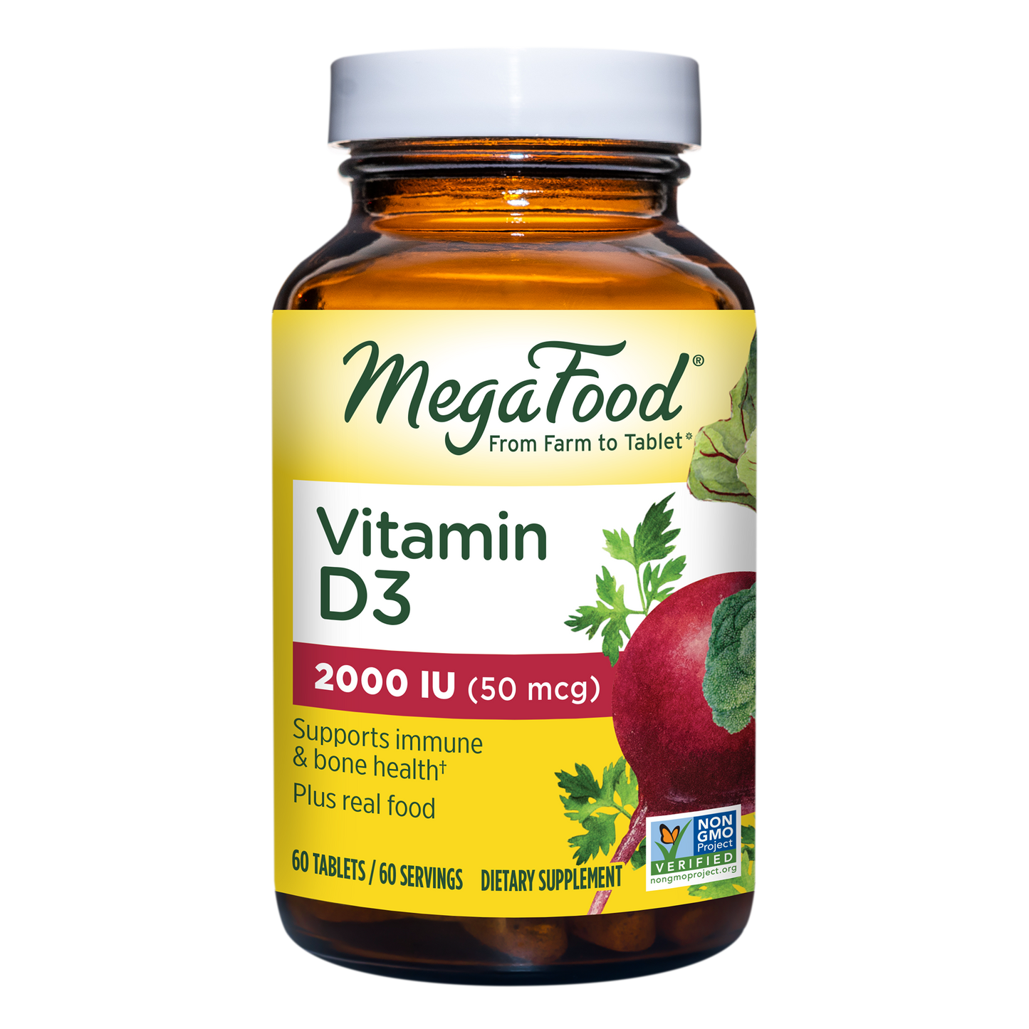 MegaFood, Vitamin D3 2000 IU, Immune and Bone Health Support, Vitamin and Dietary Supplement, Gluten Free, Vegetarian, 60 Tablets