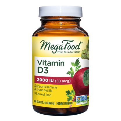 MegaFood, Vitamin D3 2000 IU, Immune and Bone Health Support, Vitamin and Dietary Supplement, Gluten Free, Vegetarian, 60 Tablets