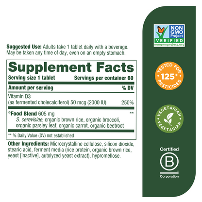 MegaFood, Vitamin D3 2000 IU, Immune and Bone Health Support, Vitamin and Dietary Supplement, Gluten Free, Vegetarian, 60 Tablets