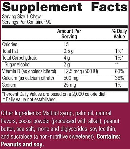 Bariatric Advantage Calcium Citrate Chewy Bites 500mg with Vitamin D3 for Bariatric Surgery Patients Including Gastric Bypass and Sleeve Gastrectomy, Sugar Free - Peanut Butter Chocolate, 90 Count