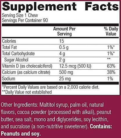 Bariatric Advantage Calcium Citrate Chewy Bites 500mg with Vitamin D3 for Bariatric Surgery Patients Including Gastric Bypass and Sleeve Gastrectomy, Sugar Free - Peanut Butter Chocolate, 90 Count