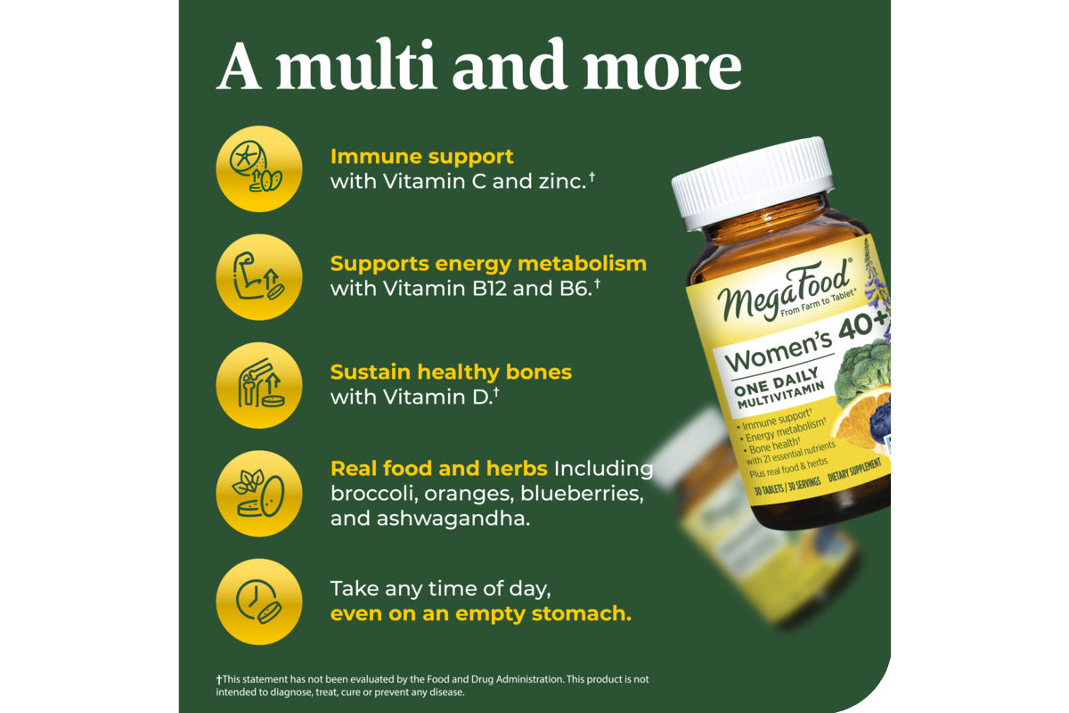 MegaFood Women's 40+ One Daily - Mineral & Multivitamin Supplement for Women with Vitamin B, C, & D, Folate, Biotin & Iron - Non-GMO, Gluten-Free, Vegetarian, and Made without Soy & Dairy - 90 Tabs