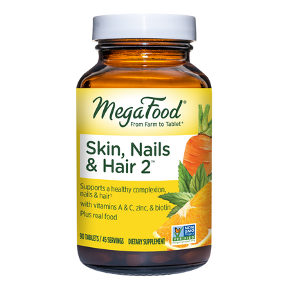 MegaFood, Skin, Nails & Hair 2, Supports Healthy Complexion, Nails & Hair, Multivitamin & Herbal Dietary Supplement, Gluten Free, Vegan, 90 Tablets
