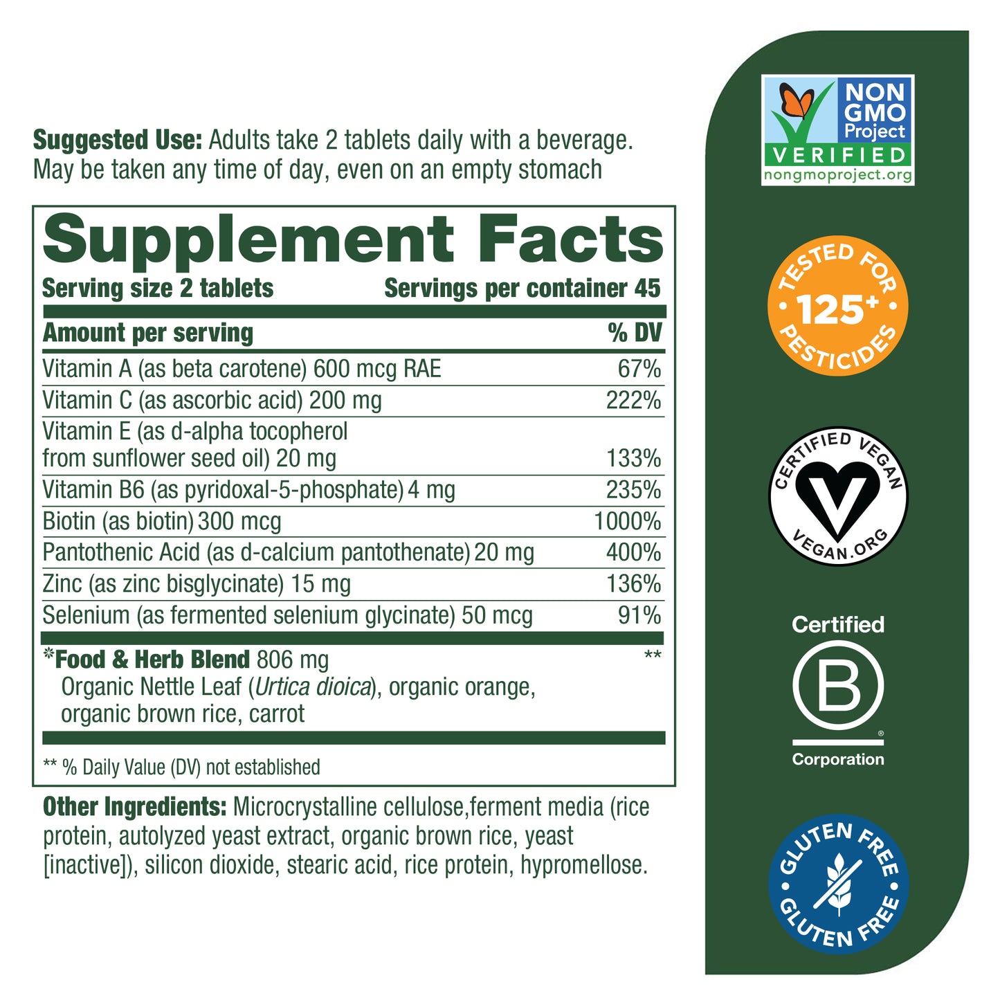 MegaFood, Skin, Nails & Hair 2, Supports Healthy Complexion, Nails & Hair, Multivitamin & Herbal Dietary Supplement, Gluten Free, Vegan, 90 Tablets