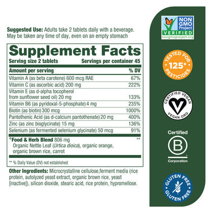 MegaFood, Skin, Nails & Hair 2, Supports Healthy Complexion, Nails & Hair, Multivitamin & Herbal Dietary Supplement, Gluten Free, Vegan, 90 Tablets