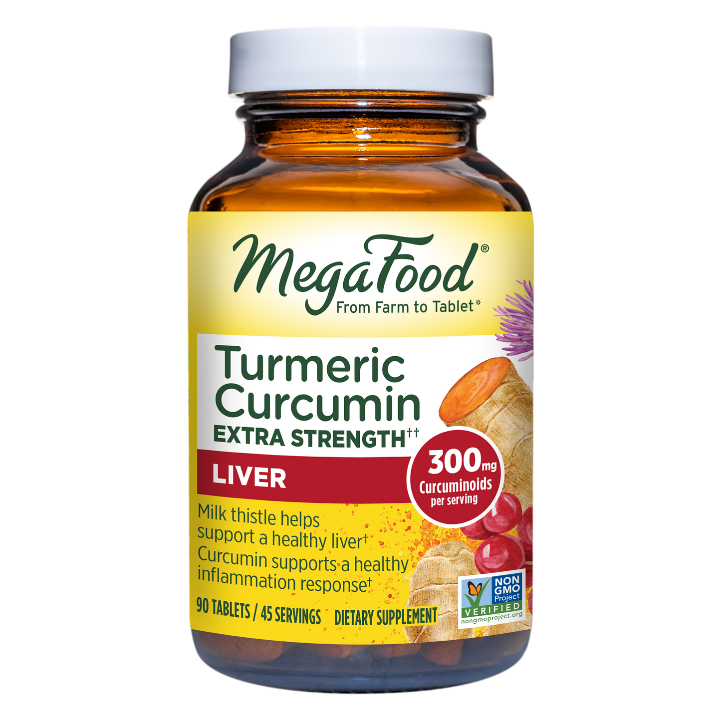 MegaFood Turmeric Curcumin Extra Strength -Supplement to support Liver Health with Bioperine Black Pepper & Milk Thistle Extract - Gluten Free, Vegan & Made without Dairy & Soy - 90 Tabs (45 Servings)