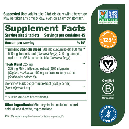MegaFood Turmeric Curcumin Extra Strength -Supplement to support Liver Health with Bioperine Black Pepper & Milk Thistle Extract - Gluten Free, Vegan & Made without Dairy & Soy - 90 Tabs (45 Servings)