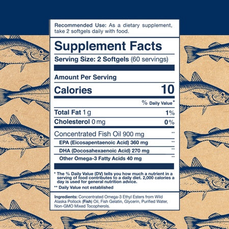 Wild Alaskan Omega-3 Fish Oil - Easy Swallow Minis 2X Double Strength 630mg EPA + DHA Natural Supplement 120 Mini Softgels
