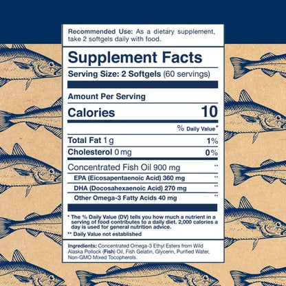 Wild Alaskan Omega-3 Fish Oil - Easy Swallow Minis 2X Double Strength 630mg EPA + DHA Natural Supplement 120 Mini Softgels