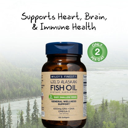 Wild Alaskan Omega-3 Fish Oil - Easy Swallow Minis 2X Double Strength 630mg EPA + DHA Natural Supplement 120 Mini Softgels
