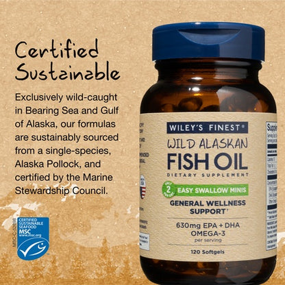 Wild Alaskan Omega-3 Fish Oil - Easy Swallow Minis 2X Double Strength 630mg EPA + DHA Natural Supplement 120 Mini Softgels