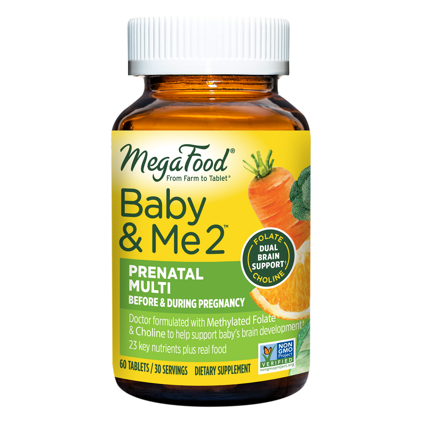 MegaFood Baby & Me 2 Prenatal Multi - Prenatal Vitamins for Mom & Developing Baby - Dr Formulated with Essential Nutrients like Folic Acid, Choline, Biotin, and More - Non-GMO - 60 Tabs (30 Servings)
