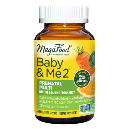 MegaFood Baby & Me 2 Prenatal Multi - Prenatal Vitamins for Mom & Developing Baby - Dr Formulated with Essential Nutrients like Folic Acid, Choline, Biotin, and More - Non-GMO - 60 Tabs (30 Servings)