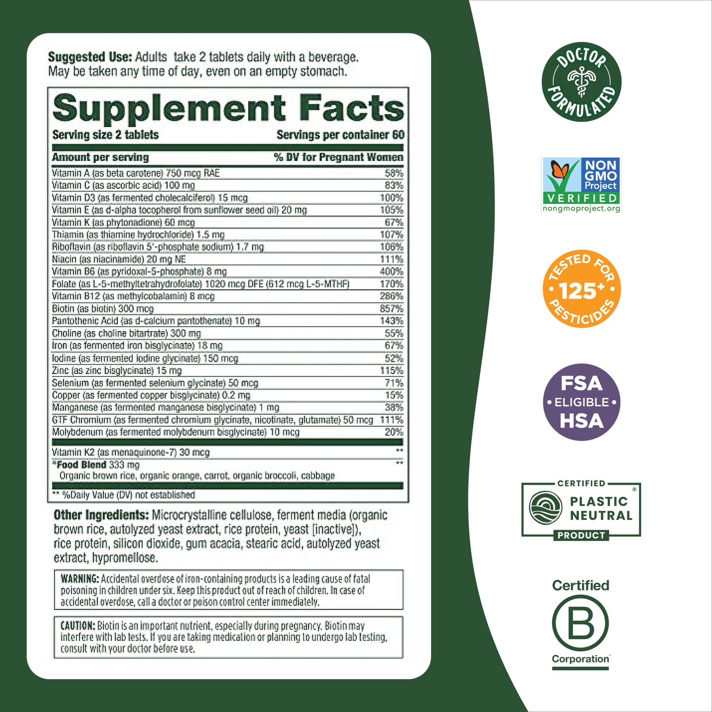 MegaFood Baby & Me 2 Prenatal Multi - Prenatal Vitamins for Mom & Developing Baby - Dr Formulated with Essential Nutrients like Folic Acid, Choline, Biotin, and More - Non-GMO - 60 Tabs (30 Servings)