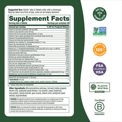 MegaFood Baby & Me 2 Prenatal Multi - Prenatal Vitamins for Mom & Developing Baby - Dr Formulated with Essential Nutrients like Folic Acid, Choline, Biotin, and More - Non-GMO - 60 Tabs (30 Servings)