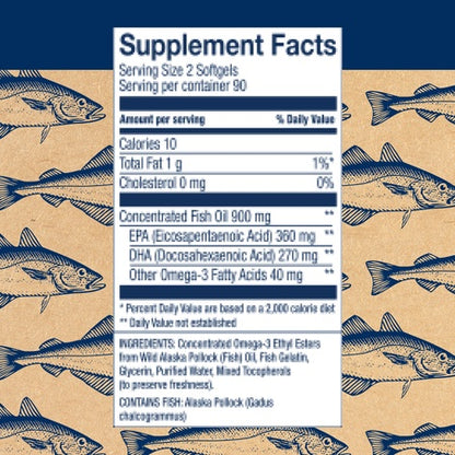 Wild Alaskan Omega-3 Fish Oil - Easy Swallow Minis 2X Double Strength 630mg EPA + DHA Natural Supplement 180 Mini Softgels