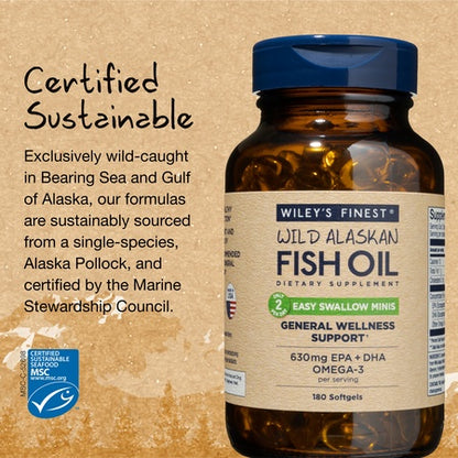 Wild Alaskan Omega-3 Fish Oil - Easy Swallow Minis 2X Double Strength 630mg EPA + DHA Natural Supplement 180 Mini Softgels