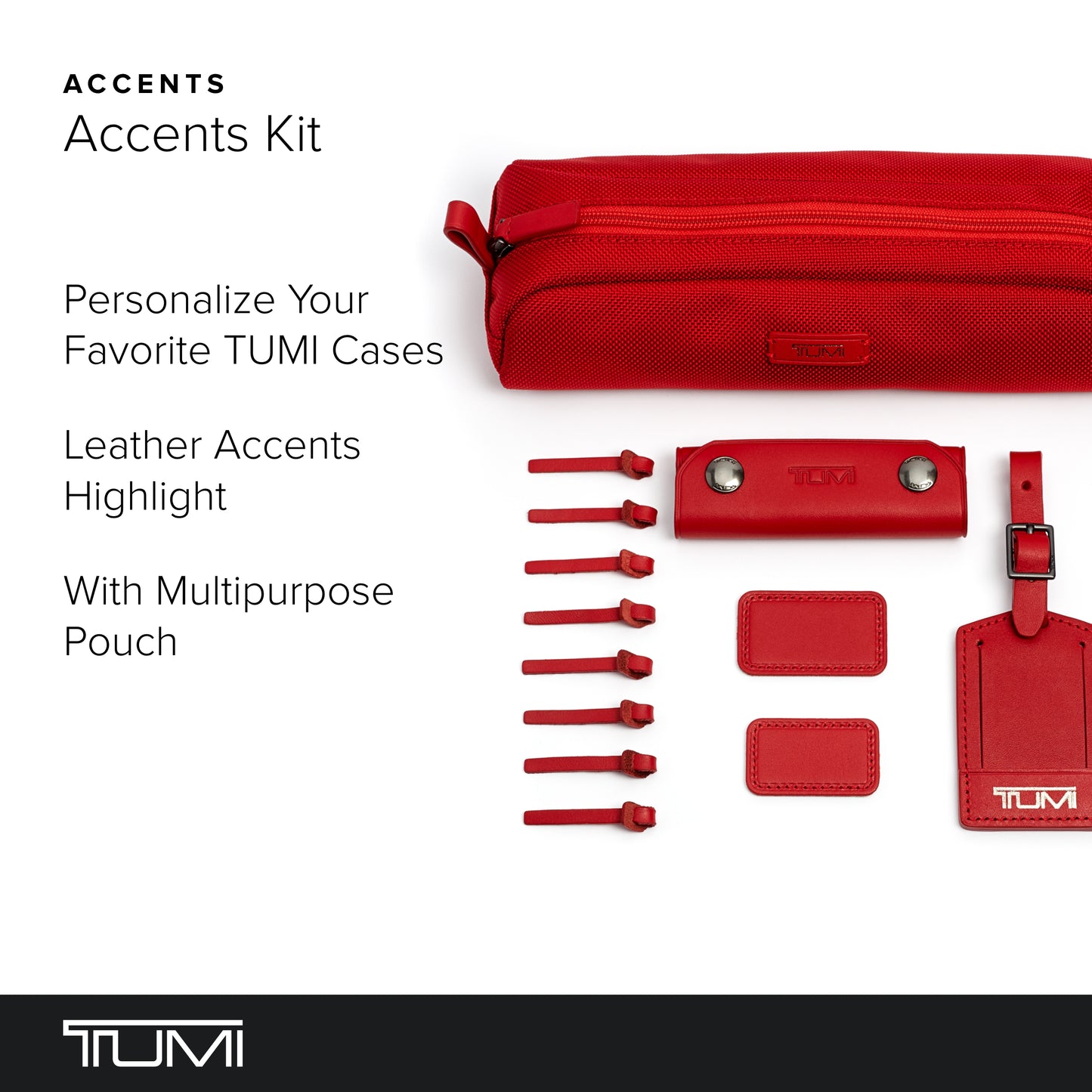 TUMI - Accents Kit - Includes 2 Leather Monogram Patches, 1 Leather Luggage Handle Wrap, 1 Luggage Tag & 8 Leather Zipper Pulls - Cherry
