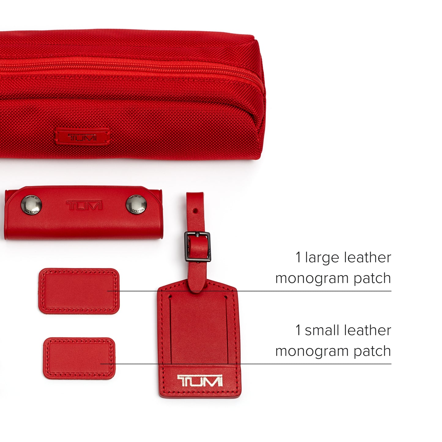 TUMI - Accents Kit - Includes 2 Leather Monogram Patches, 1 Leather Luggage Handle Wrap, 1 Luggage Tag & 8 Leather Zipper Pulls - Cherry