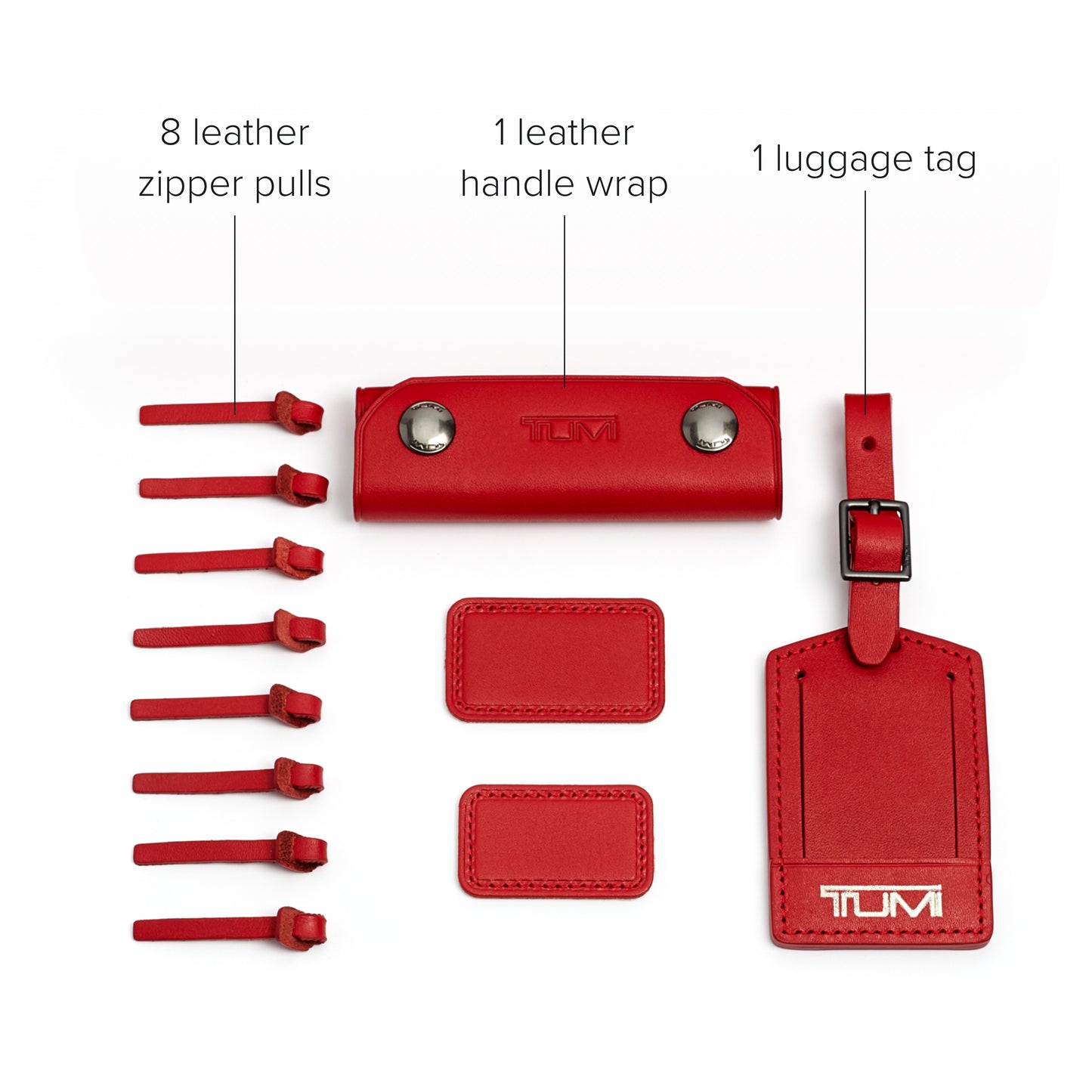 TUMI - Accents Kit - Includes 2 Leather Monogram Patches, 1 Leather Luggage Handle Wrap, 1 Luggage Tag & 8 Leather Zipper Pulls - Cherry