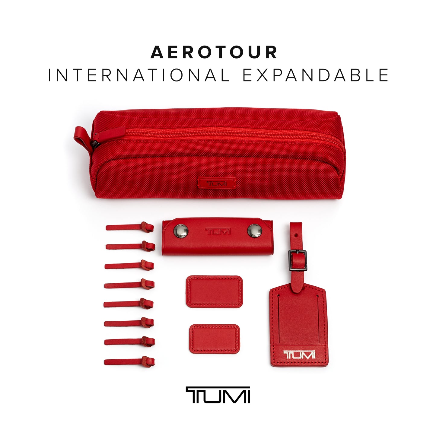 TUMI - Accents Kit - Includes 2 Leather Monogram Patches, 1 Leather Luggage Handle Wrap, 1 Luggage Tag & 8 Leather Zipper Pulls - Cherry