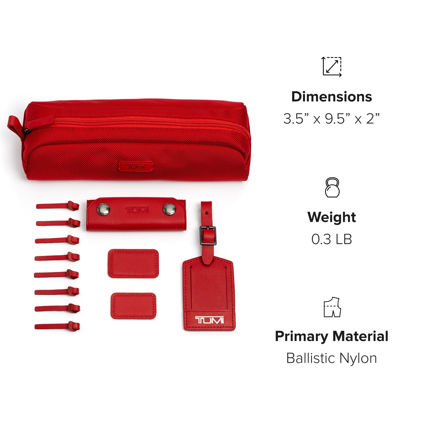 TUMI - Accents Kit - Includes 2 Leather Monogram Patches, 1 Leather Luggage Handle Wrap, 1 Luggage Tag & 8 Leather Zipper Pulls - Cherry