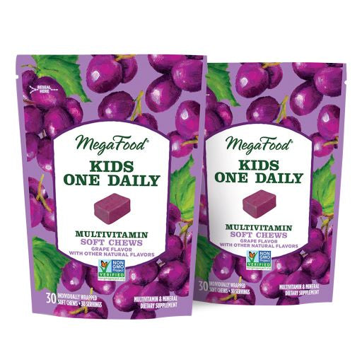 MegaFood Kids One Daily Multivitamin Soft Chews - Chewable Multivitamin for Children with Vitamins C, D & More - Non-GMO, Gluten-Free, Vegetarian & Made without Dairy and Soy - 30 Chews, 2Pack - Grape