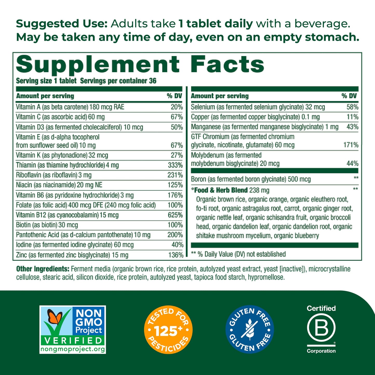 MegaFood Men's One Daily - Men's Multivitamins - with B Complex Vitamins and Zinc - Gluten-Free and Made Without Dairy or Soy - 36 Tabs