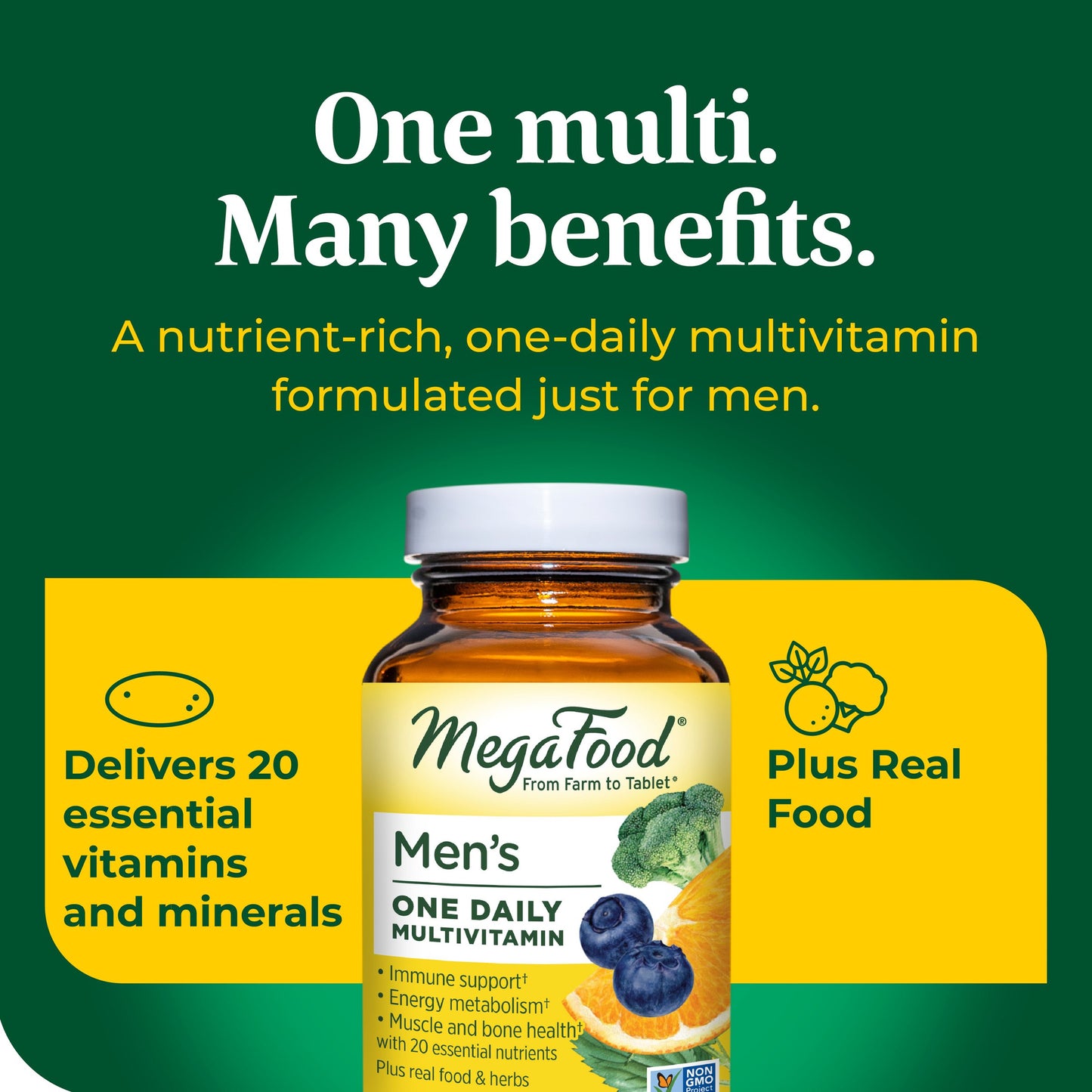 MegaFood Men's One Daily - Men's Multivitamins - with B Complex Vitamins and Zinc - Gluten-Free and Made Without Dairy or Soy - 36 Tabs