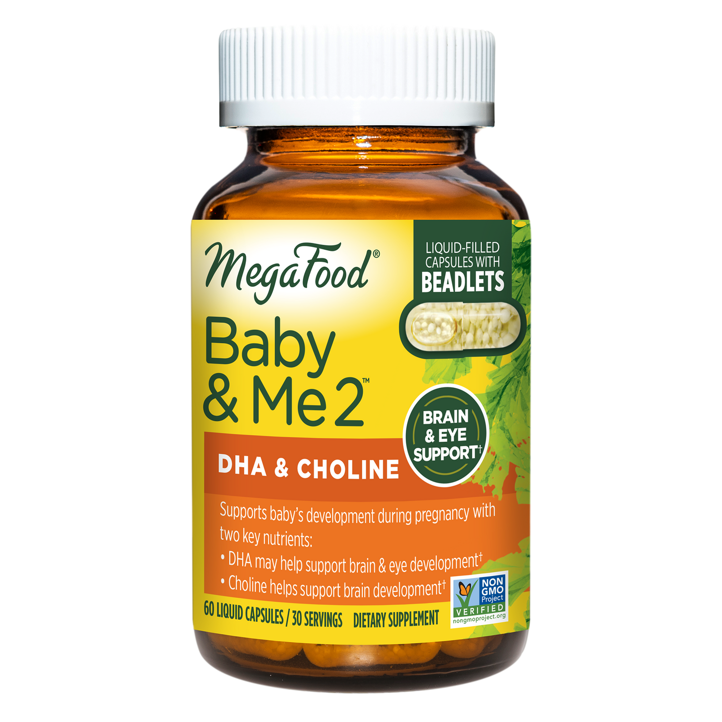 MegaFood Baby & Me 2 Prenatal DHA & Choline - Support Baby's Healthy Brain Development During Pregnancy & Breastfeeding with 250 mg Plant-Based DHA and 160 mg Choline - 60 Caps (30 Servings)