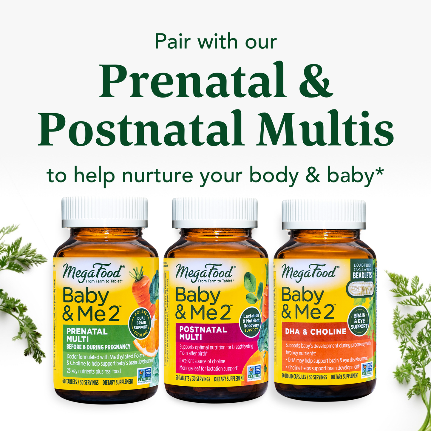 MegaFood Baby & Me 2 Prenatal DHA & Choline - Support Baby's Healthy Brain Development During Pregnancy & Breastfeeding with 250 mg Plant-Based DHA and 160 mg Choline - 60 Caps (30 Servings)