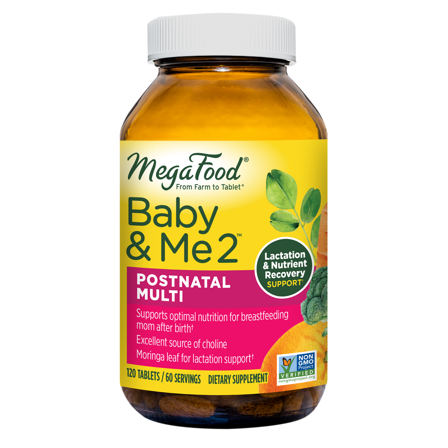 MegaFood Baby & Me 2 Postnatal Multi - Postnatal Multivitamin for Women with Folic Acid, Choline, Biotin, Moringa Leaf, and More - Non-GMO Project Verified and Vegetarian - 120 Tabs (60 Servings)