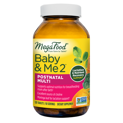 MegaFood Baby & Me 2 Postnatal Multi - Postnatal Multivitamin for Women with Folic Acid, Choline, Biotin, Moringa Leaf, and More - Non-GMO Project Verified and Vegetarian - 120 Tabs (60 Servings)