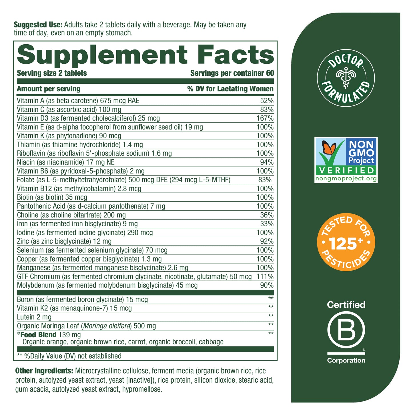 MegaFood Baby & Me 2 Postnatal Multi - Postnatal Multivitamin for Women with Folic Acid, Choline, Biotin, Moringa Leaf, and More - Non-GMO Project Verified and Vegetarian - 120 Tabs (60 Servings)