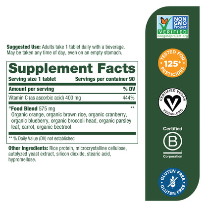 MegaFood Ultra C-400 mg - Immune Support and Support for Cellular Health with 400mg Vitamin C Plus Real Food - Non-GMO, Gluten-Free, Vegan, and Made Without Dairy or Soy - 90 Tabs