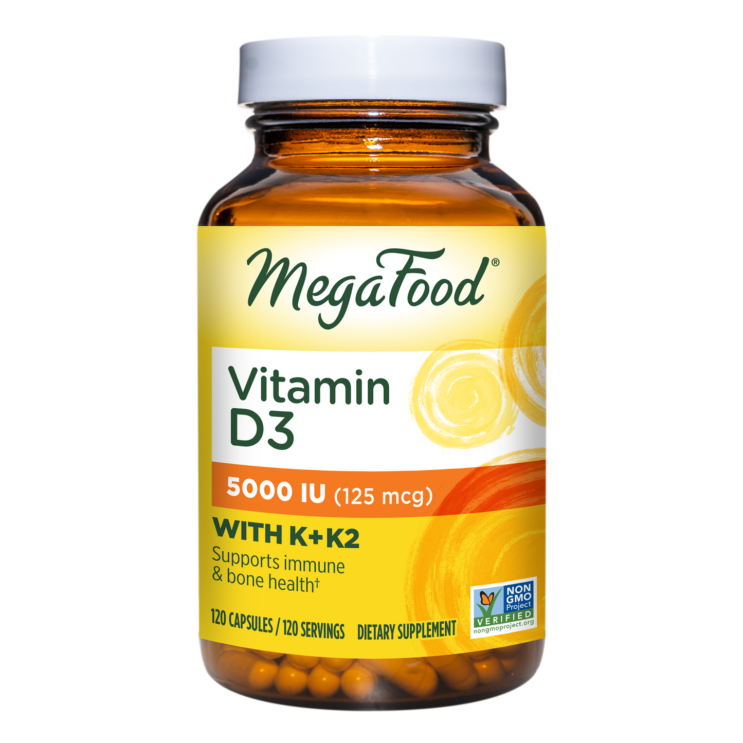 MegaFood Vitamin D3 5000 IU (125 mcg) - Bone Health and Immune Support with Vitamins D3, K, and K2 - Vegetarian, Gluten-Free - Made Without Dairy or Soy - 120 Caps