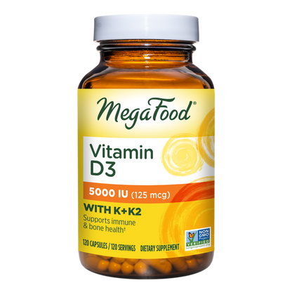 MegaFood Vitamin D3 5000 IU (125 mcg) - Bone Health and Immune Support with Vitamins D3, K, and K2 - Vegetarian, Gluten-Free - Made Without Dairy or Soy - 120 Caps