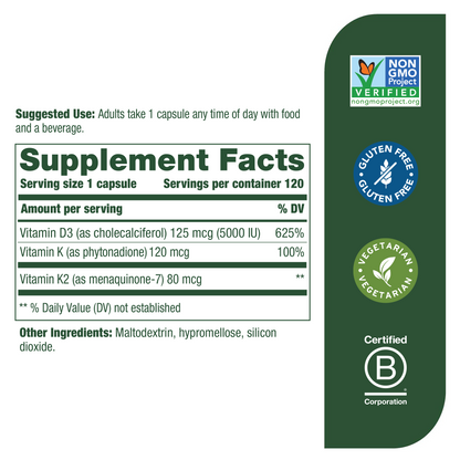 MegaFood Vitamin D3 5000 IU (125 mcg) - Bone Health and Immune Support with Vitamins D3, K, and K2 - Vegetarian, Gluten-Free - Made Without Dairy or Soy - 120 Caps