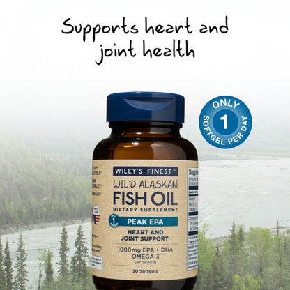 Wiley's Finest Wild Alaskan Fish Oil - 3X Triple Strength Peak EPA DHA, 1000mg Omega-3s, SQF-Certified, 30 Softgels