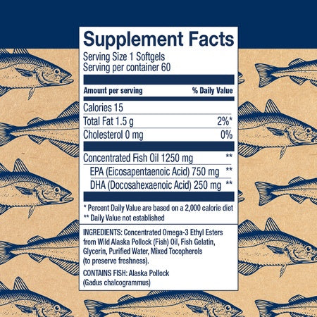 Wiley's Finest Wild Alaskan Fish Oil - 3X Triple Strength Peak EPA DHA, 1000mg Omega-3s, SQF-Certified, 60 Softgels