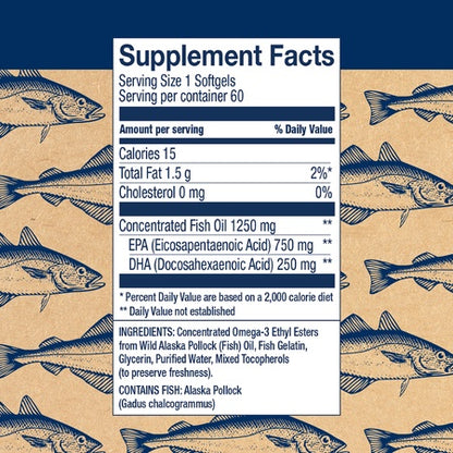 Wiley's Finest Wild Alaskan Fish Oil - 3X Triple Strength Peak EPA DHA, 1000mg Omega-3s, SQF-Certified, 60 Softgels