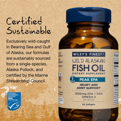 Wiley's Finest Wild Alaskan Fish Oil - 3X Triple Strength Peak EPA DHA, 1000mg Omega-3s, SQF-Certified, 60 Softgels