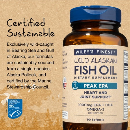 Wiley's Finest Wild Alaskan Fish Oil - 3X Triple Strength Peak EPA DHA, 1000mg Omega-3s, SQF-Certified, 90 Softgels