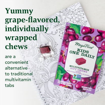 MegaFood Kids One Daily Multivitamin Soft Chews - Chewable Multivitamin for Children with Vitamins C, D & More - Non-GMO, Gluten-Free, Vegetarian & Made without Dairy and Soy - 30 Chews, 2Pack - Grape